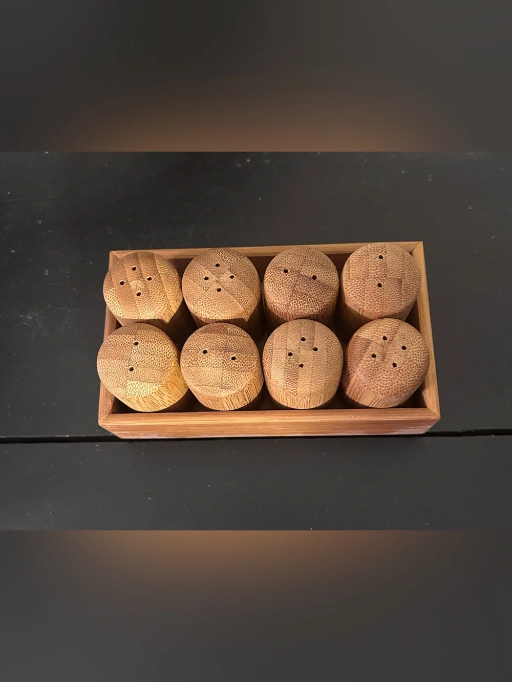 8 Pc Bamboo Salt Pepper Shaker Set w/ Storage Tray Refillable Kitchen Table